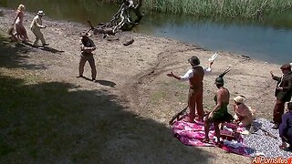 Outdoors group sex party with naughty Natasha Marley and her friends